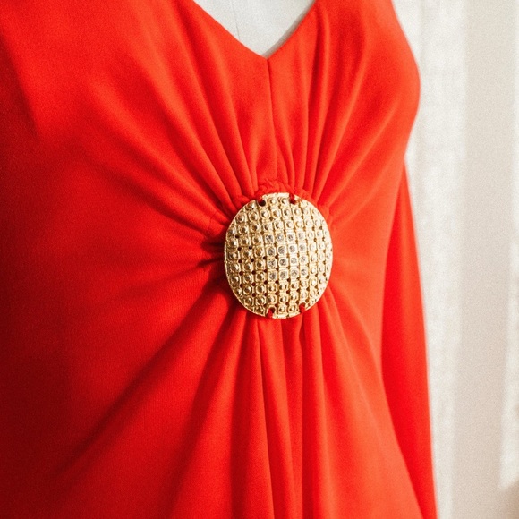 70s vintage Blood Orange Gold Medallion Gown - Picture 3 of 10